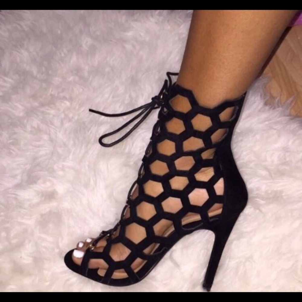 Black Lace-Up Hex Cutout High Heel Sandals